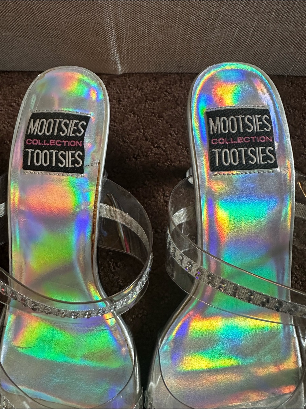 Mootsies Tootsies Gilette Sz 7.5 Clear Strap Silver Holographic Block Heels Y2k - Picture 4 of 8
